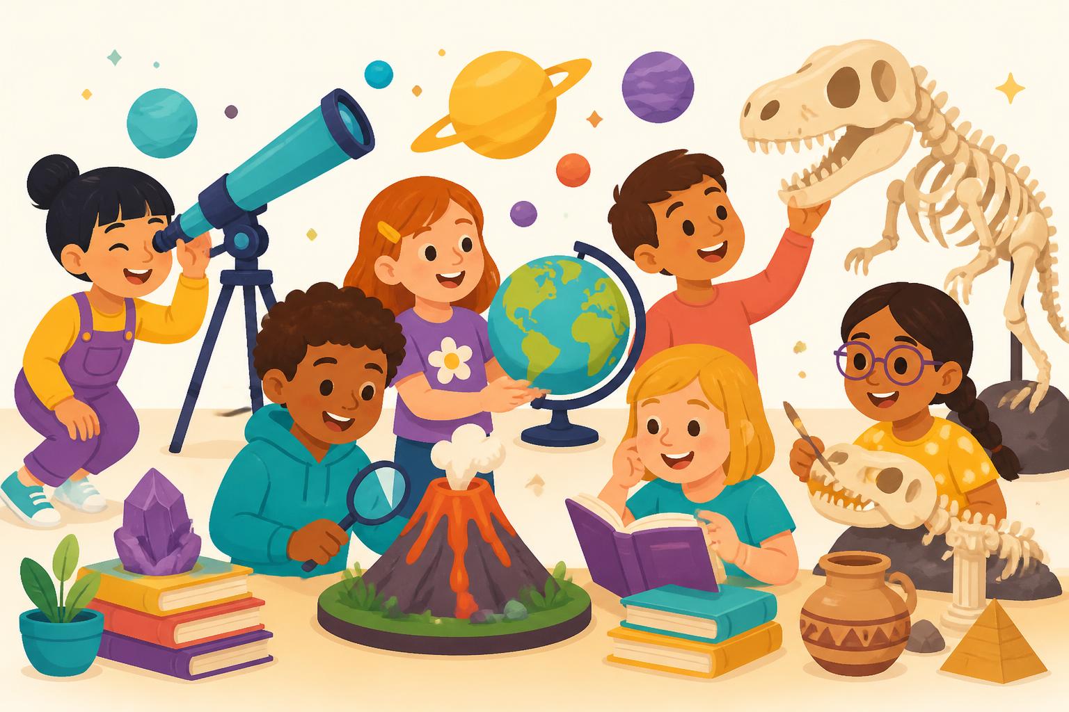Illustrated children using a telescope, globe, volcano model and dinosaur fossils