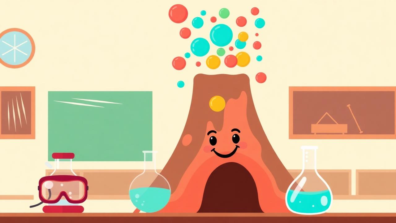 Cartoon volcano bubbling over in a classroom with beakers and safety goggles